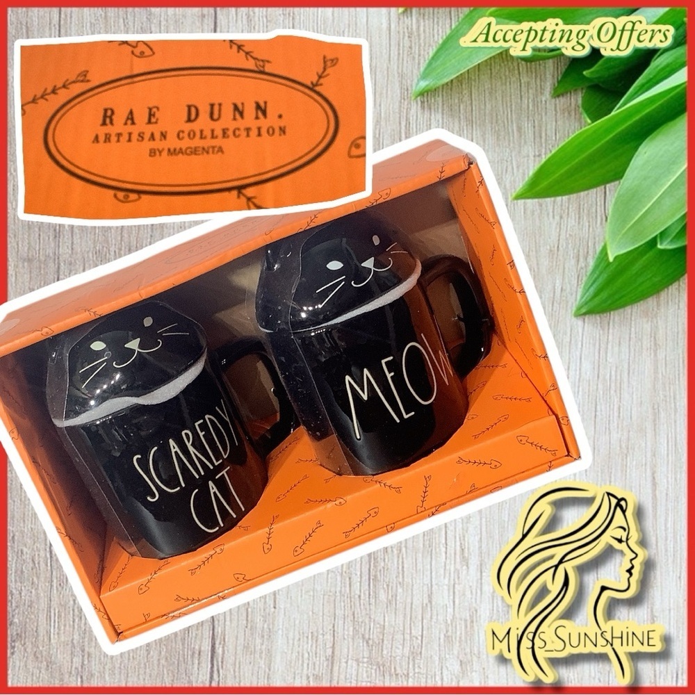 RAE DUNN NEW - 2 mugs with lid and ears - scaredy cat and MEOW - black and white